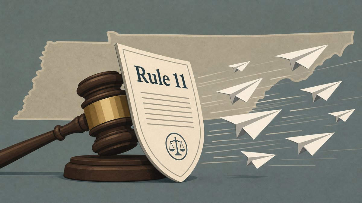 Gavel resting on a stack of legal briefs labeled 'Rule 11' with courthouse steps behind and caution tape around the papers