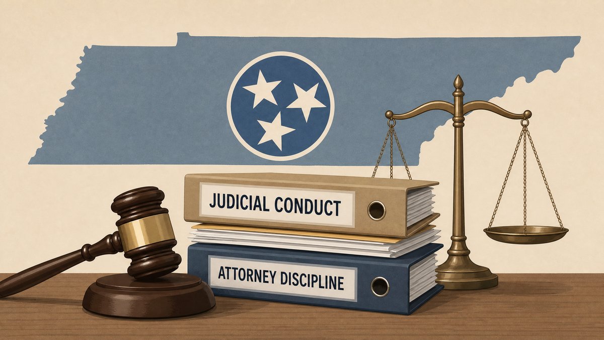 Map of Tennessee with a gavel, scales of justice, and folders labeled BJC and BPR representing judicial and attorney discipline