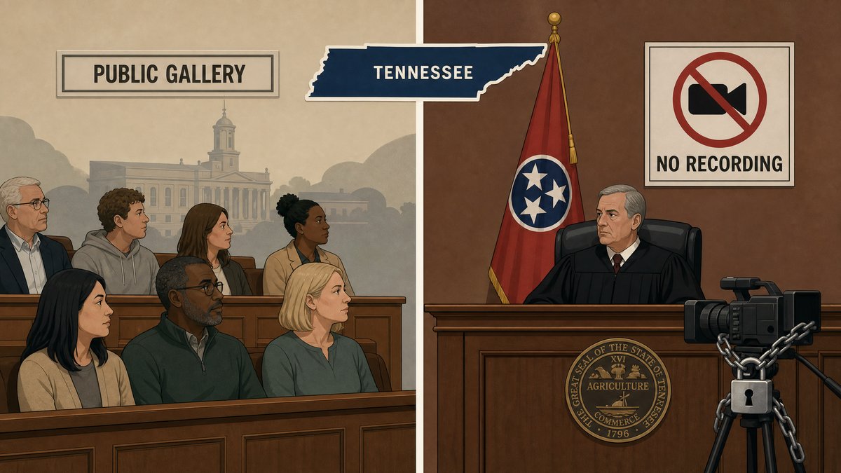 Split editorial illustration of a Tennessee courtroom showing public attendees on one side and a 'no recording' sign with judge and gavel on the other, symbolizing recording limits.