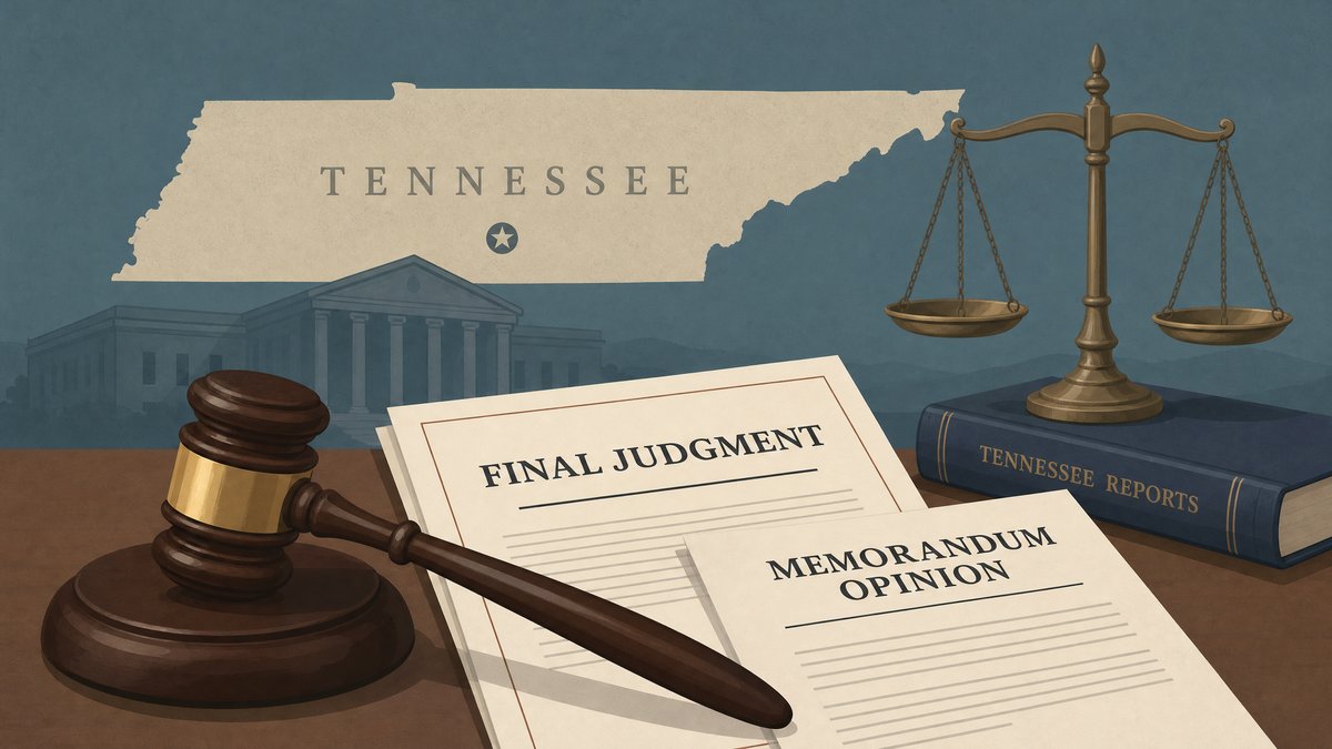 Gavel resting on court documents labeled 'Final Judgment' and 'Memorandum Opinion' with scales of justice and a faint Tennessee map in the background.