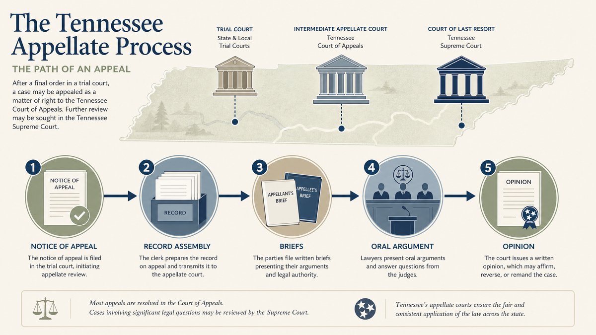 Flowchart-style illustration showing steps of the Tennessee appellate process over a silhouette of Tennessee with courthouse icons.
