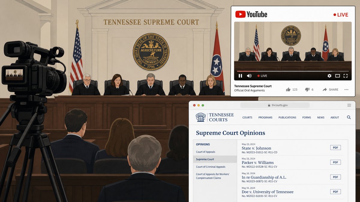Illustration of Tennessee Supreme Court courtroom with a camera recording oral arguments, a YouTube livestream overlay, and published opinions displayed on a website.