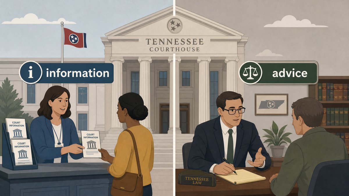 Illustration of a Tennessee courthouse split between court staff giving informational pamphlets and a lawyer advising a client, symbolizing information versus legal advice.