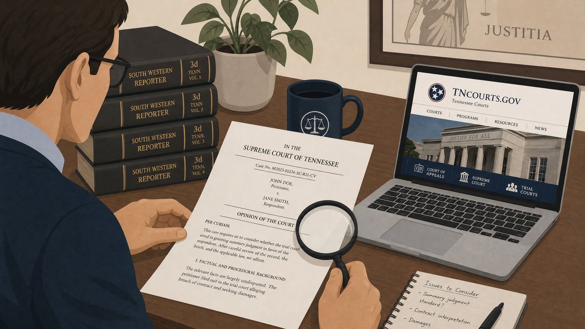 Person reading a Tennessee Supreme Court opinion on a desk with South Western Reporter volumes and a laptop displaying the Tennessee Courts website.