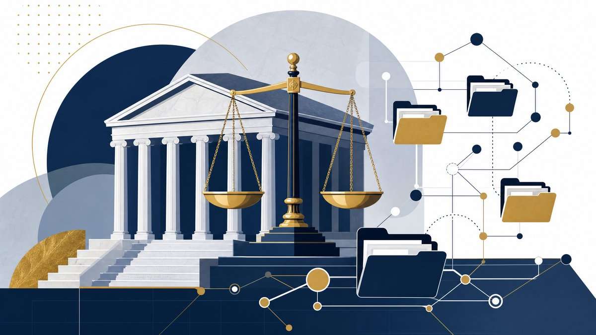 Illustration of a courthouse, balanced scales, and connected case files representing public access to Tennessee civil records.