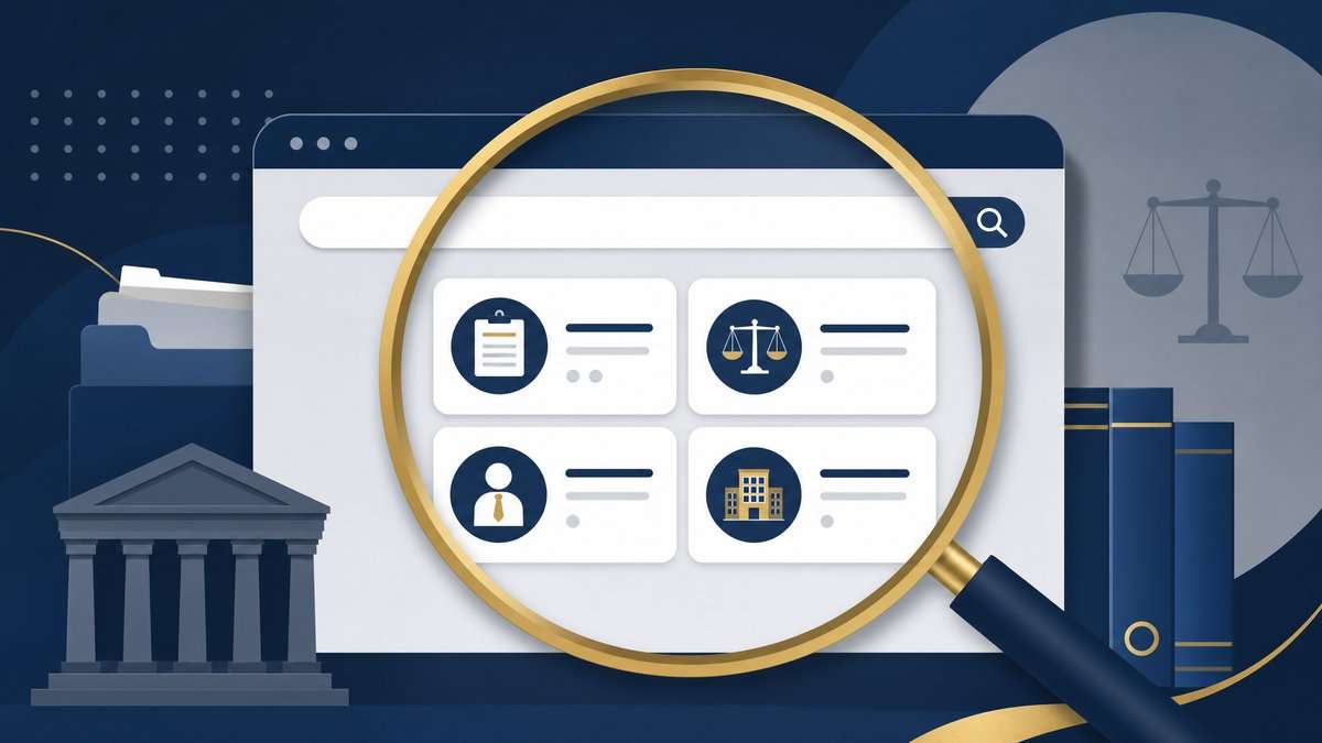 Illustration of a Tennessee court records search interface with a magnifying glass, courthouse, and legal case categories.