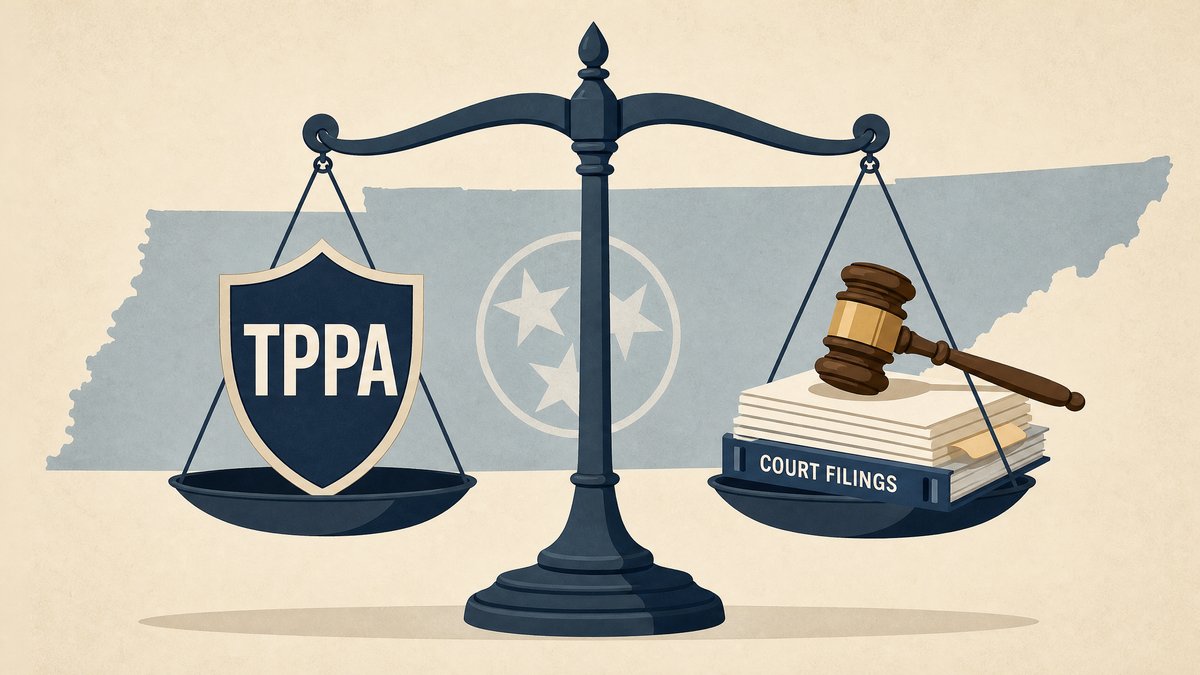 Editorial illustration of a Tennessee courthouse; scales of justice balance a gavel and a megaphone beside documents labeled 'TPPA' and a muted protester