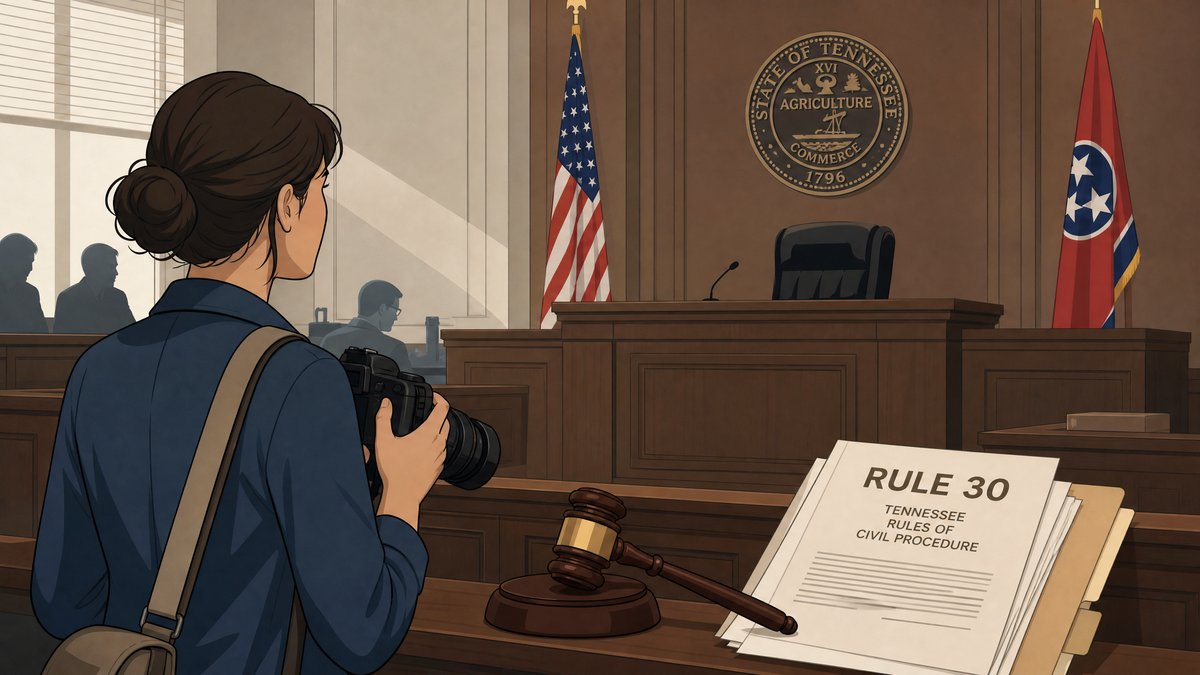 Reporters with cameras and microphones in a Tennessee courtroom illustrating media coverage under Rule 30 restrictions
