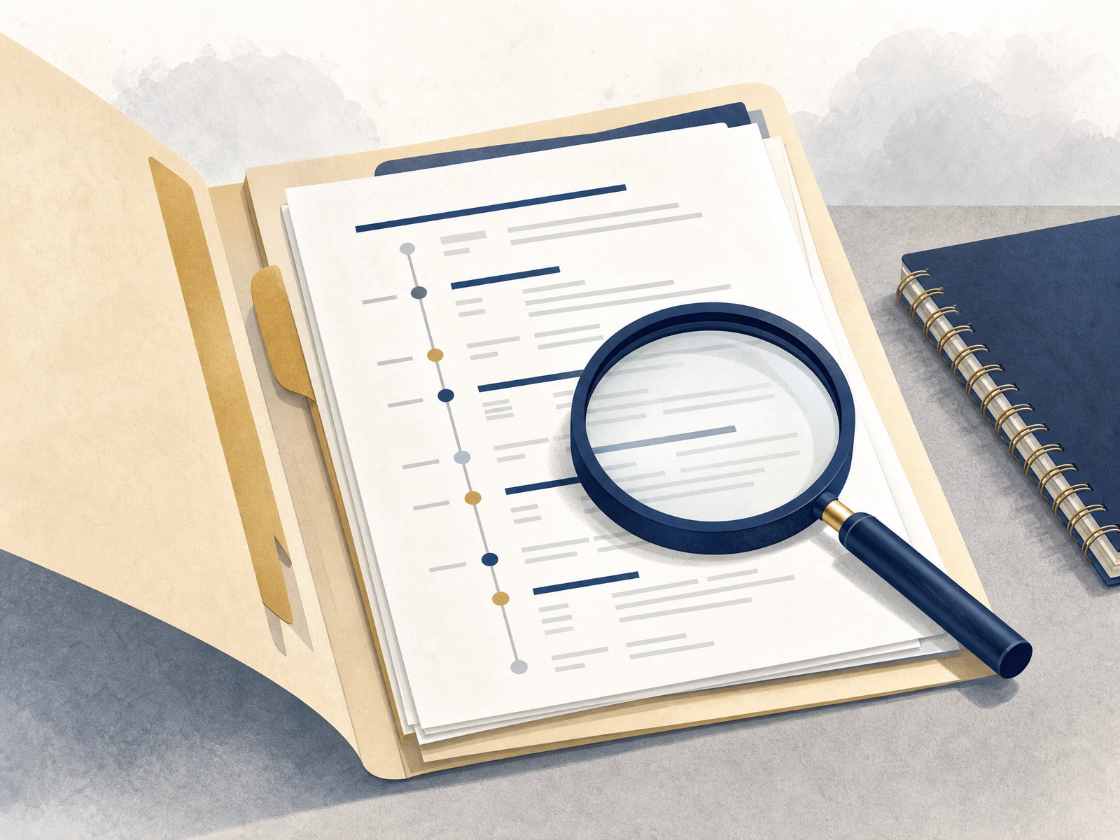 Illustration of Tennessee civil docket case records with a public case history folder and magnifying glass.