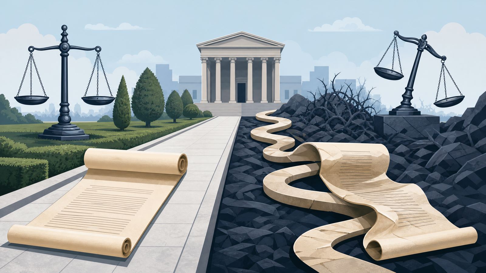 Two legal documents showing diverging paths, illustrating the distinction between normal litigation and abuse of process under Tennessee common law.