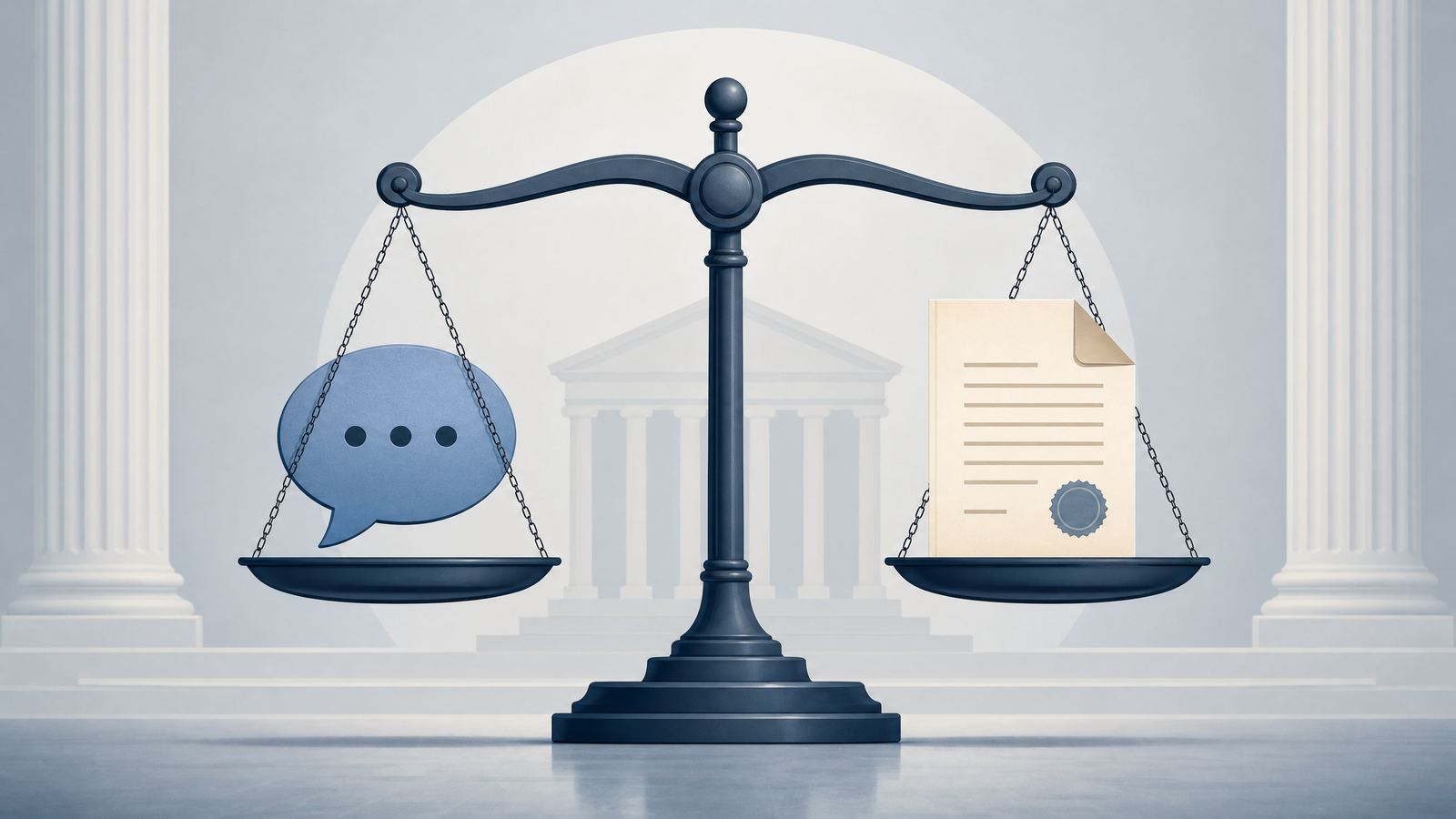 A scale balancing a speech bubble and a legal document, representing the tension between public participation and the right to seek judicial relief.