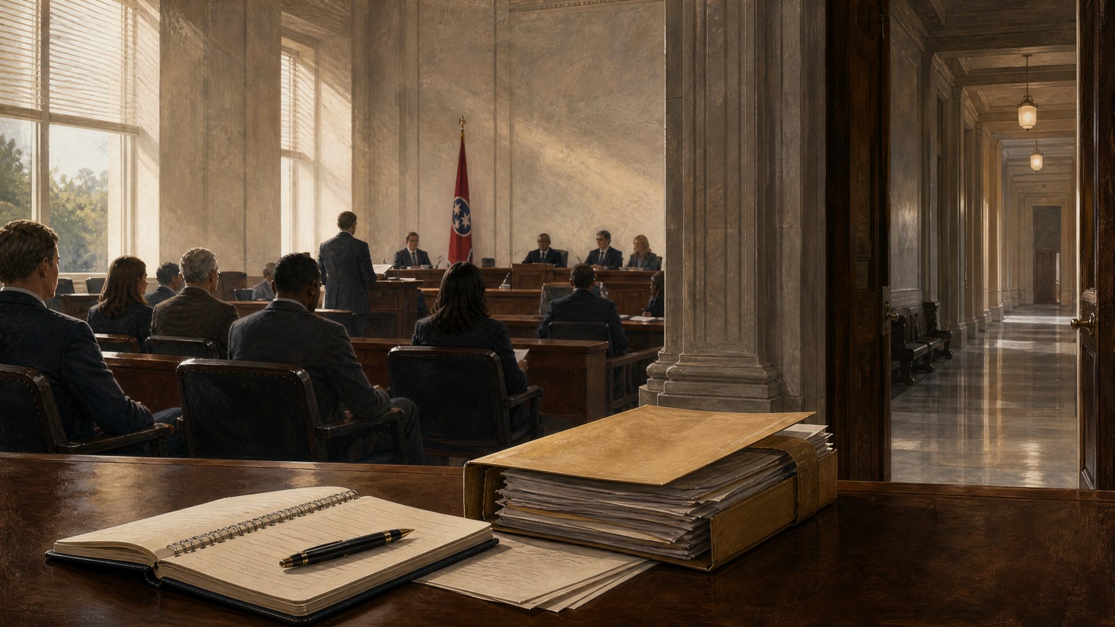 A Tennessee courtroom and reporter’s notebook frame a clear boundary between open public proceedings and private communication.