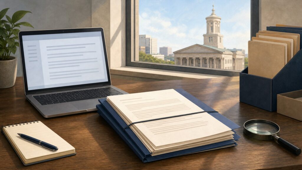 Focused Tennessee Public-Records Request A neatly organized Tennessee public-records request packet with a laptop, magnifying glass, and the State Capitol in the background.