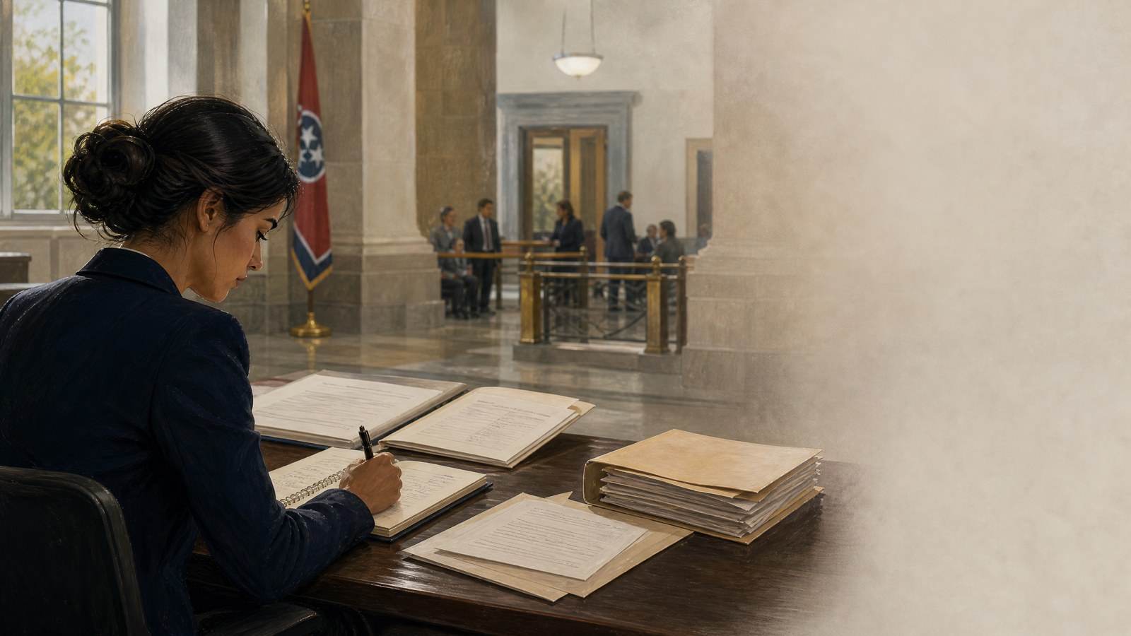 A journalist compares a public meeting agenda, official court record, and reporting notes at a careful legal research desk.