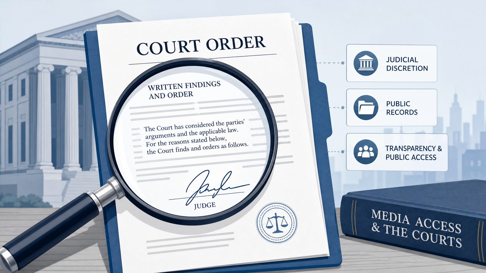 A court order under a magnifying glass beside symbols for judicial discretion, public records, and transparency in media access.