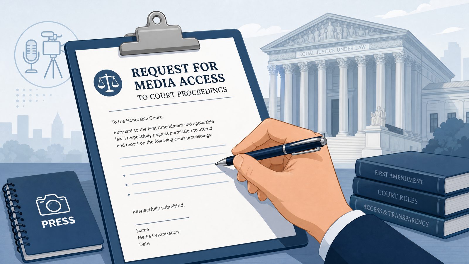 A hand holding a pen, drafting a formal written request on a clipboard, with a courthouse subtly visible in the background.