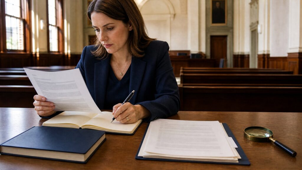 Woman seated at a courtroom table reading a printed page and writing in a notebook, with stacked books, folders, and a magnifying glass nearby.