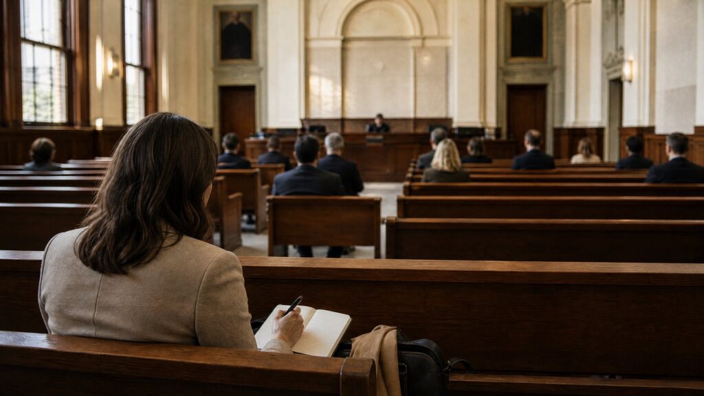 Person seen from behind writing in a notebook on a wooden bench while other seated people face a raised bench in a courtroom.