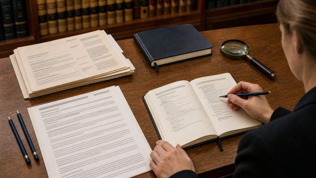 Hands of a person writing with a pencil in an open notebook on a wooden desk with stacked papers, a magnifying glass, and shelves of volumes.