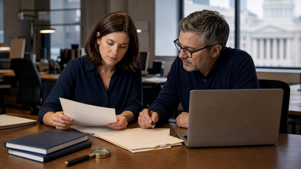 A woman and a man sit at a wooden desk in an office, reading and marking papers by laptop, with folders, notebooks and a magnifying glass nearby.