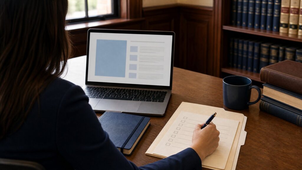 Person seen from behind writing a checklist on paper beside a laptop, notebooks, stacked books and a coffee mug on a wood desk.