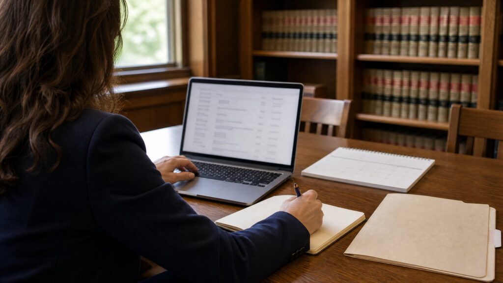 Person at a wooden table writing in a notebook next to an open laptop with blurred text, calendar pad and folder.