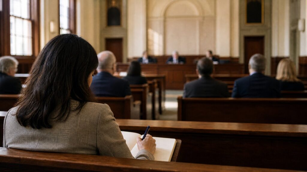 A person seen from behind writing in a notebook while seated in wooden gallery benches of a courtroom, with several blurred figures at the front.