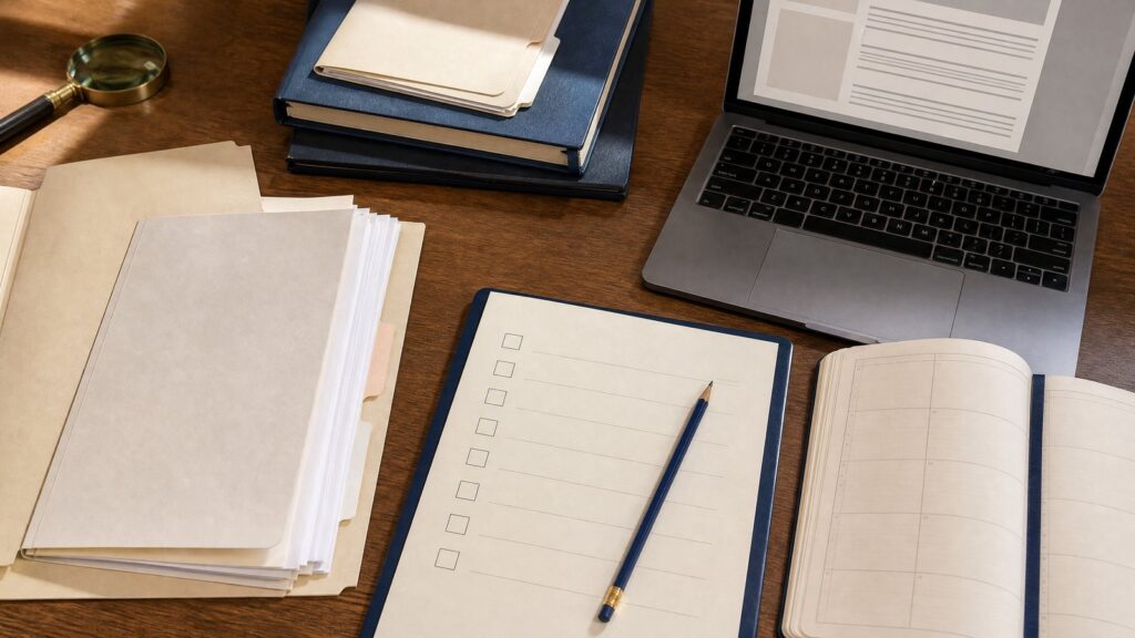 Wooden desk with a magnifying glass, stacked manila file folders, open planner, laptop, checklist clipboard and pencil.