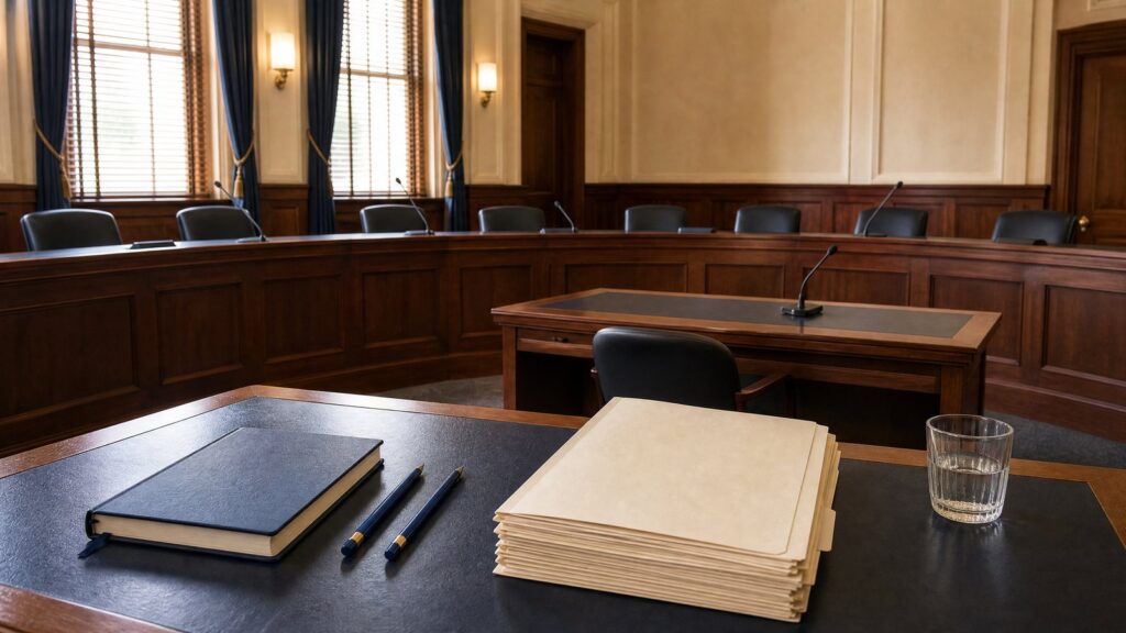 Empty hearing room with curved wooden bench and microphones; table holds a stack of folders, a closed notebook, two pencils and a glass.