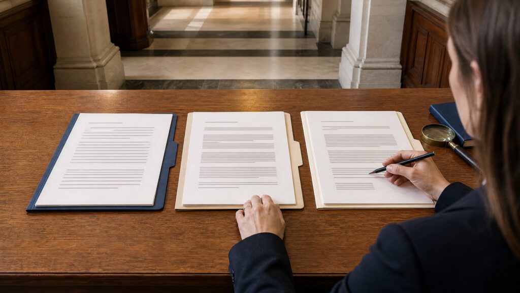 Person's hands at a wooden desk with three folders and sheets arranged side by side; right hand holds a pencil over the right page.