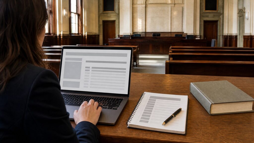 Person seen from behind typing on a laptop at a wooden table in an empty courtroom, with a notebook, pen, and a thick book nearby.