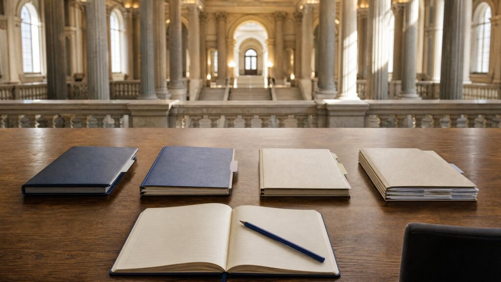 Open lined notebook with pencil and four closed folders on a wooden table, marble columns and a staircase in the background.