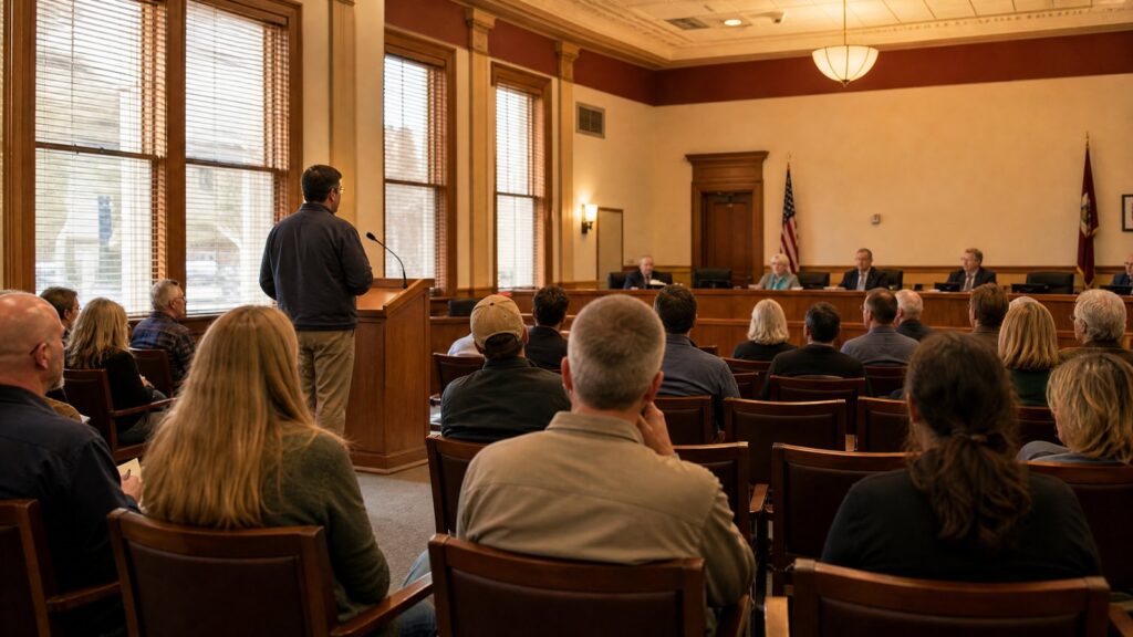 Man stands at a wooden podium speaking into a microphone to seated audience members who face a raised dais with five people behind a long table