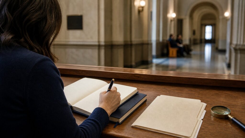 Person from behind writing in an open notebook on a wooden counter, with folders, a magnifying glass and a blurred columned hallway beyond.