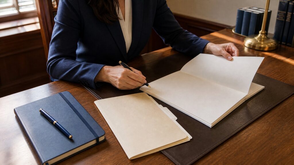 Hands of a person in a dark blazer turning a blank page and holding a pen over an open notebook, with a notebook and folder on a desk.