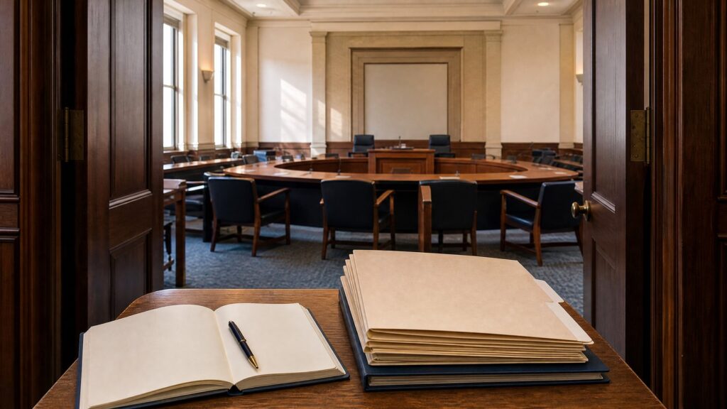 Open double doors reveal a formal hearing room with semicircular wooden benches and empty chairs; foreground desk holds an open notebook, pen, and stacked manila folders.