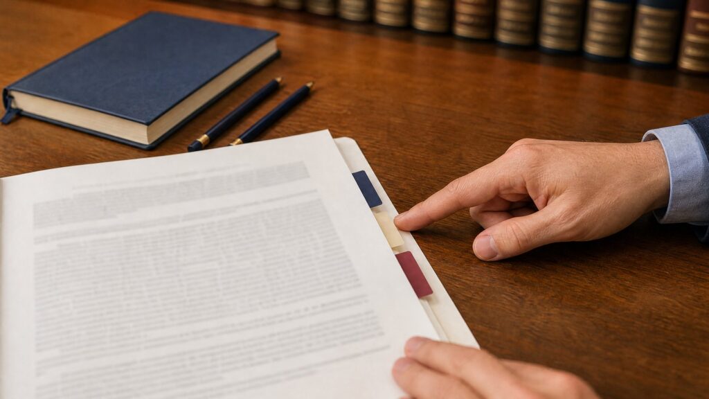 Right hand pointing at a cream tab on a stack of tabbed papers on a wooden desk beside a closed blue notebook, two pens and book spines.