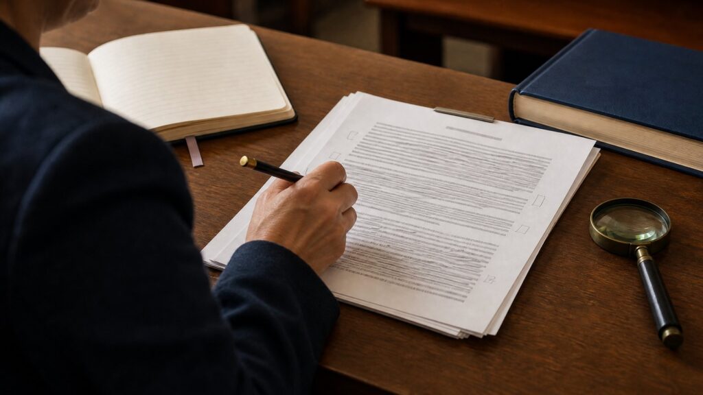 Hand holding a pencil annotating stapled printed pages on a wooden desk, with an open notebook, closed blue book, and a magnifying glass.
