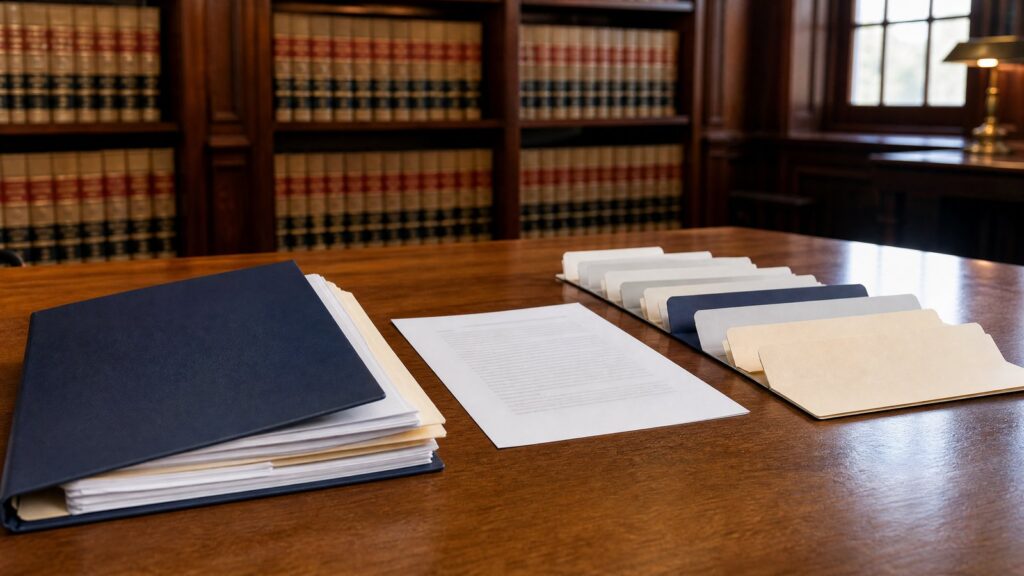 Stacked blue binder with loose papers, a single printed sheet, and a row of beige and gray file folders on a wooden table in a book-lined study.