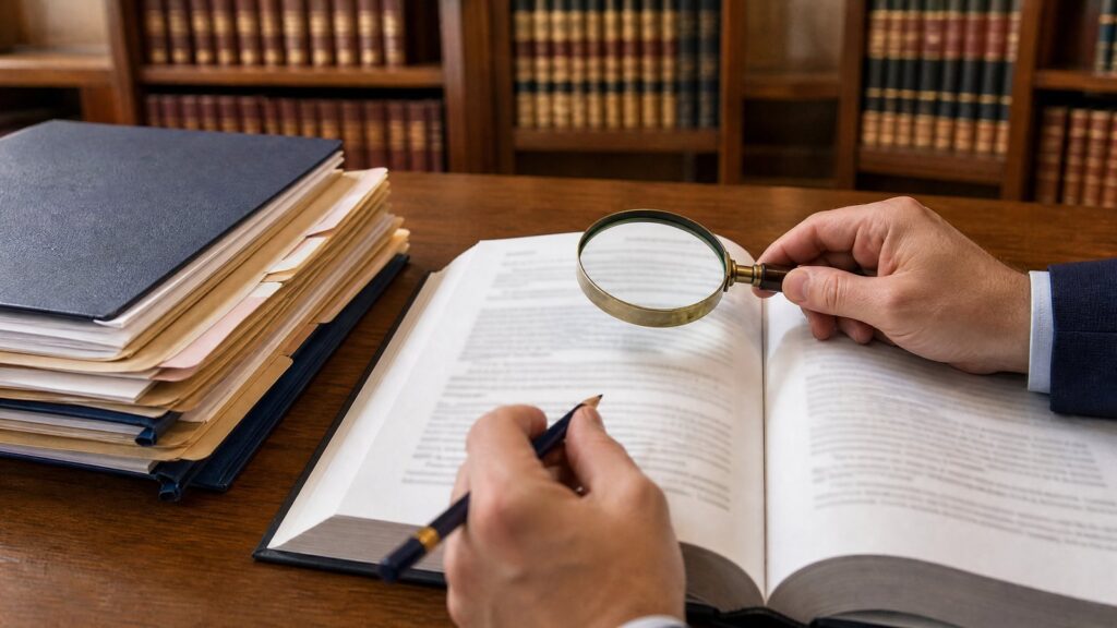 Two hands over an open book; right hand holds a magnifying glass, left holds a pencil, a stack of folders and bookshelves are visible.