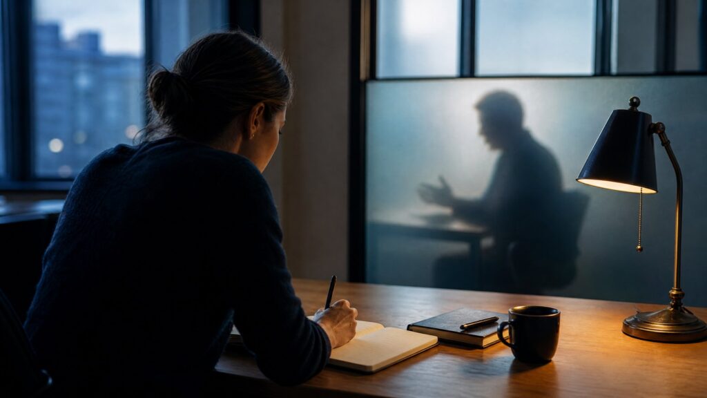 Person seen from behind writing in a notebook at a wooden desk with a mug and lamp; a blurred silhouette gestures behind frosted glass.