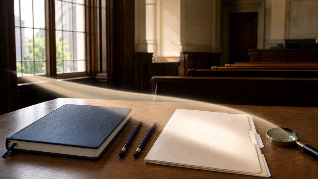 Sunlit wooden desk in a courtroom setting with a closed black notebook, two pencils, a manila file folder and a magnifying glass.