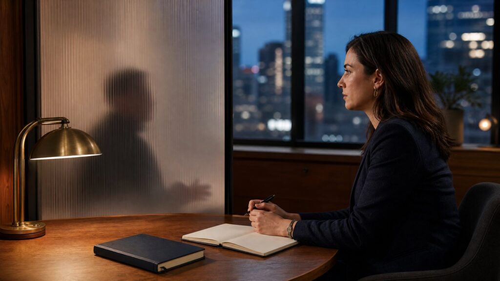 Woman at a desk holding a pen over an open notebook, lamp and closed book nearby, silhouette behind a frosted divider and city lights outside.