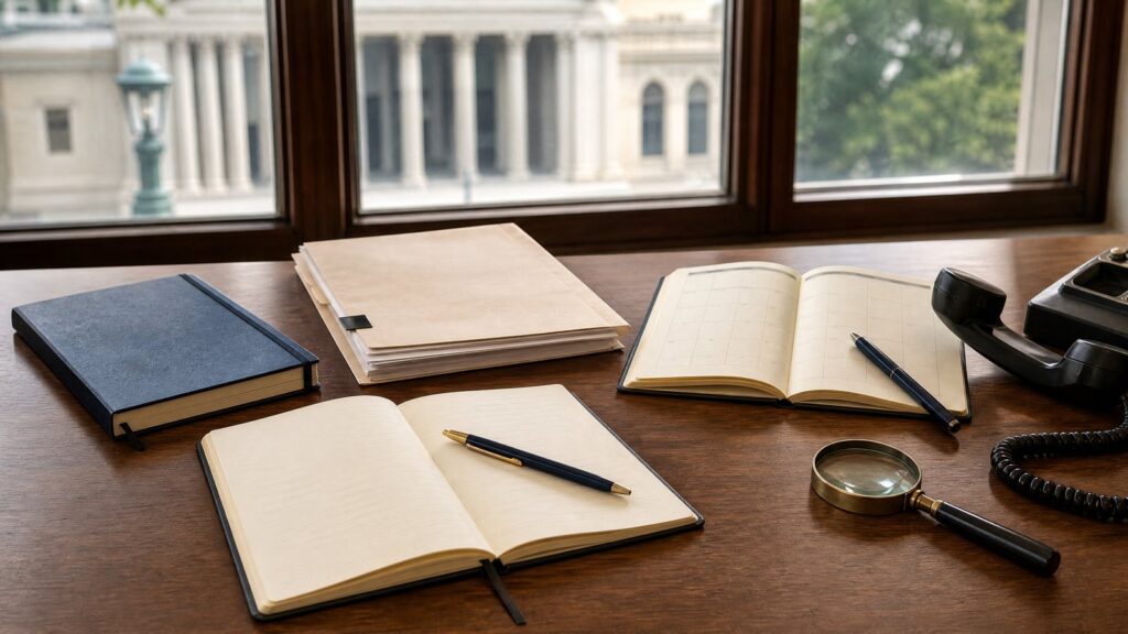 Open notebooks, a closed journal, paper folders, pens, a magnifying glass and a landline phone on a wooden desk by a window.
