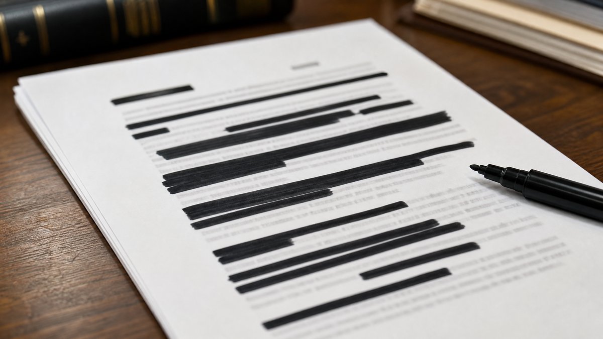 A hand using a black marker to redact sensitive information on a printed legal document.