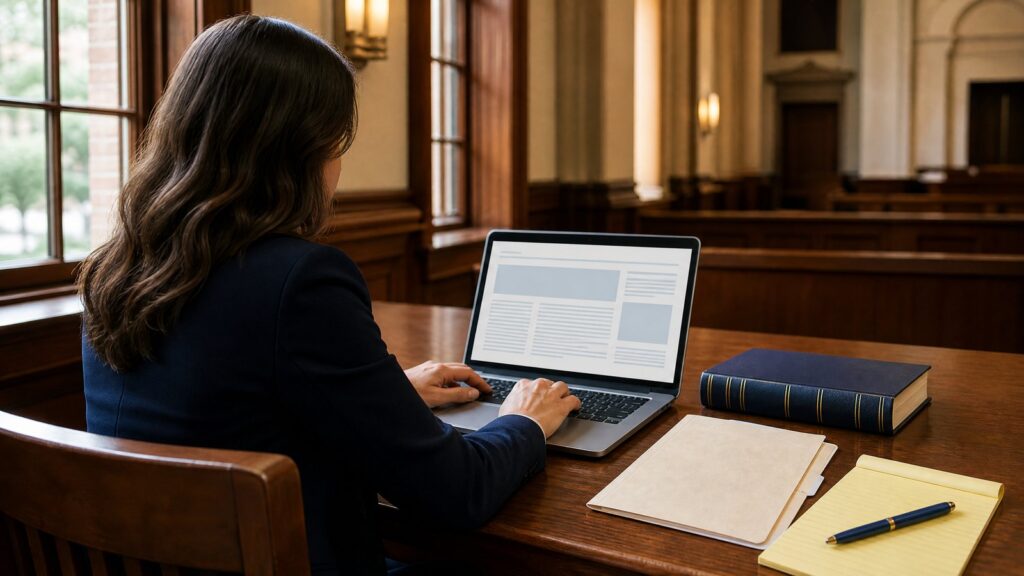 Seated person with long brown hair typing on a laptop at a wooden table in a courtroom-style room with a book, folder, and notepad nearby