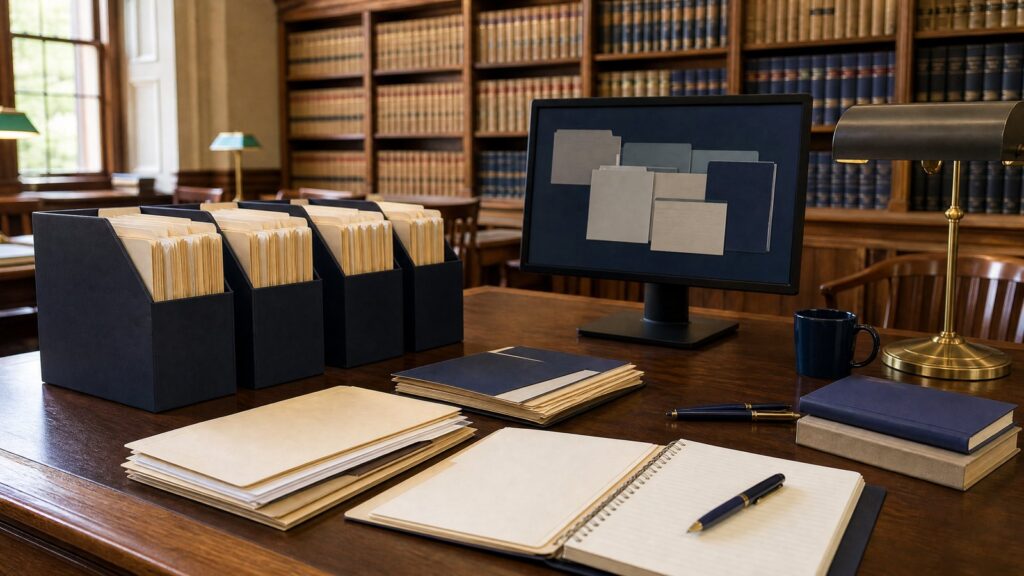 Wooden table in a library with manila folders in black holders, an open notebook and pens, a monitor showing folder icons, and bookshelves.