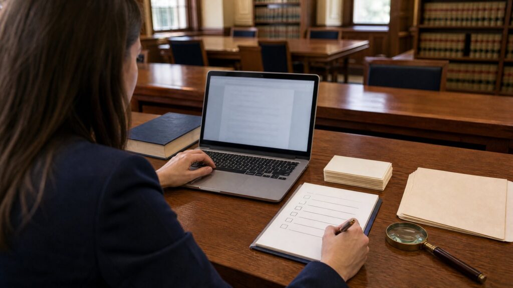 Person seated at a library table typing on a laptop and writing on a checklist pad, with folders, index cards and a magnifying glass.