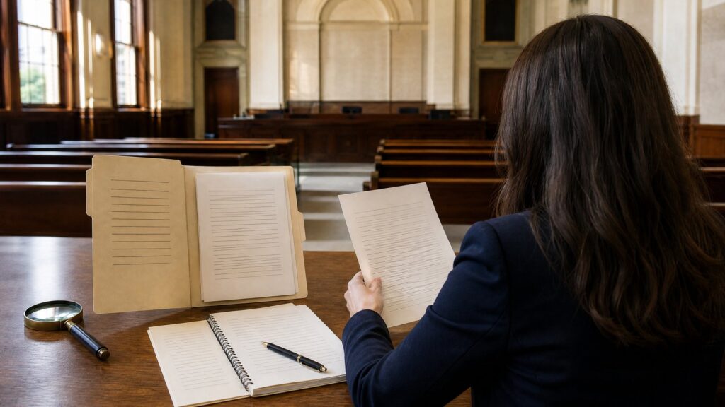 Person with long dark hair seen from behind at a courtroom table, holding a paper; a folder, notebook, pen and magnifier rest on the desk.