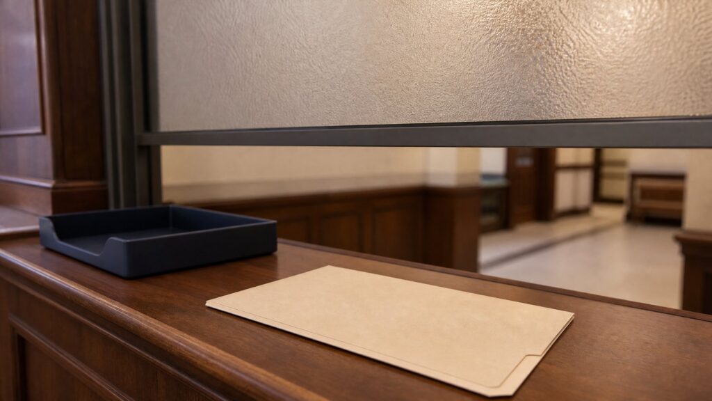 A manila folder lying on a polished wooden service counter beside a dark plastic document tray under a frosted glass partition.